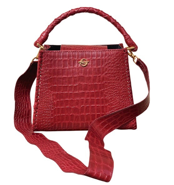 Aku Burgundy Alligator Print Midi Handbag