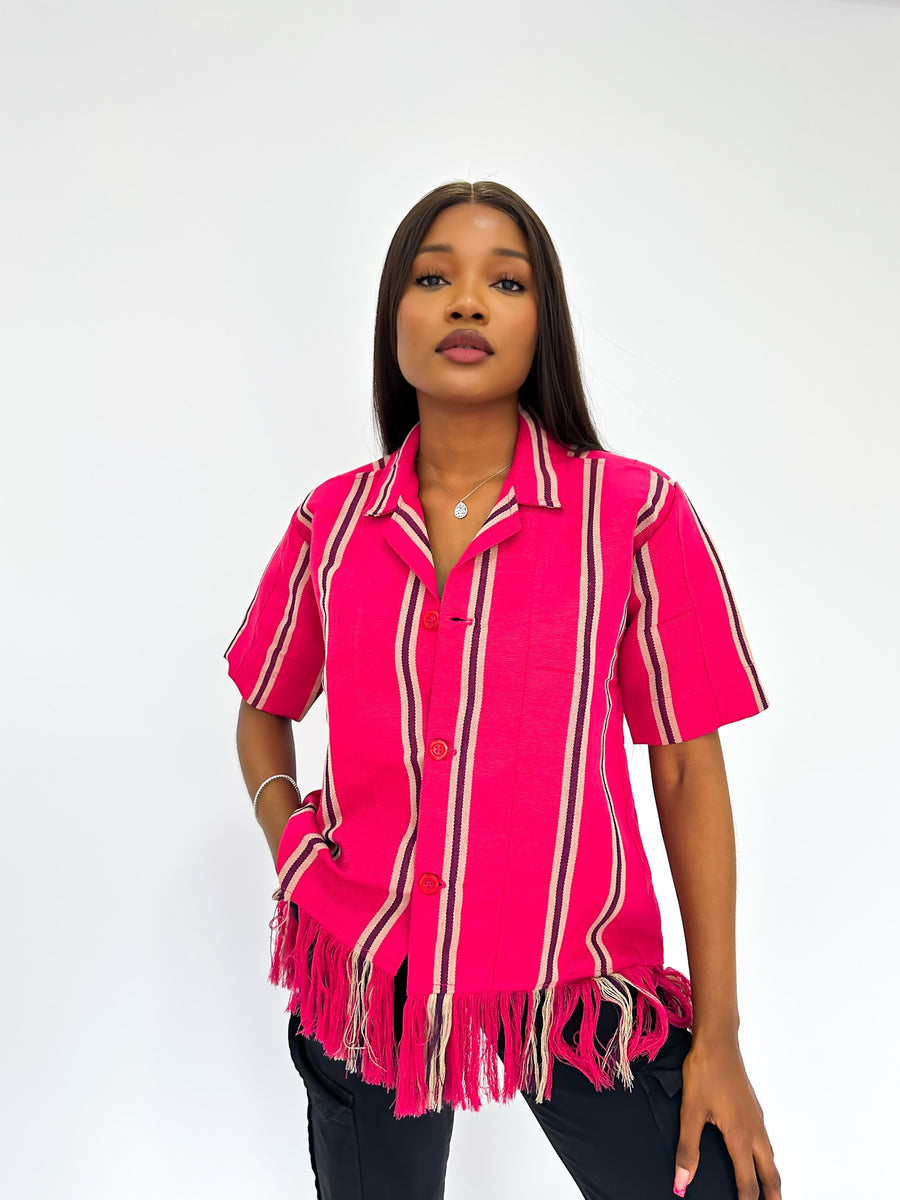 Fushia Pink Aso Oke Classic Shirt with Stripes