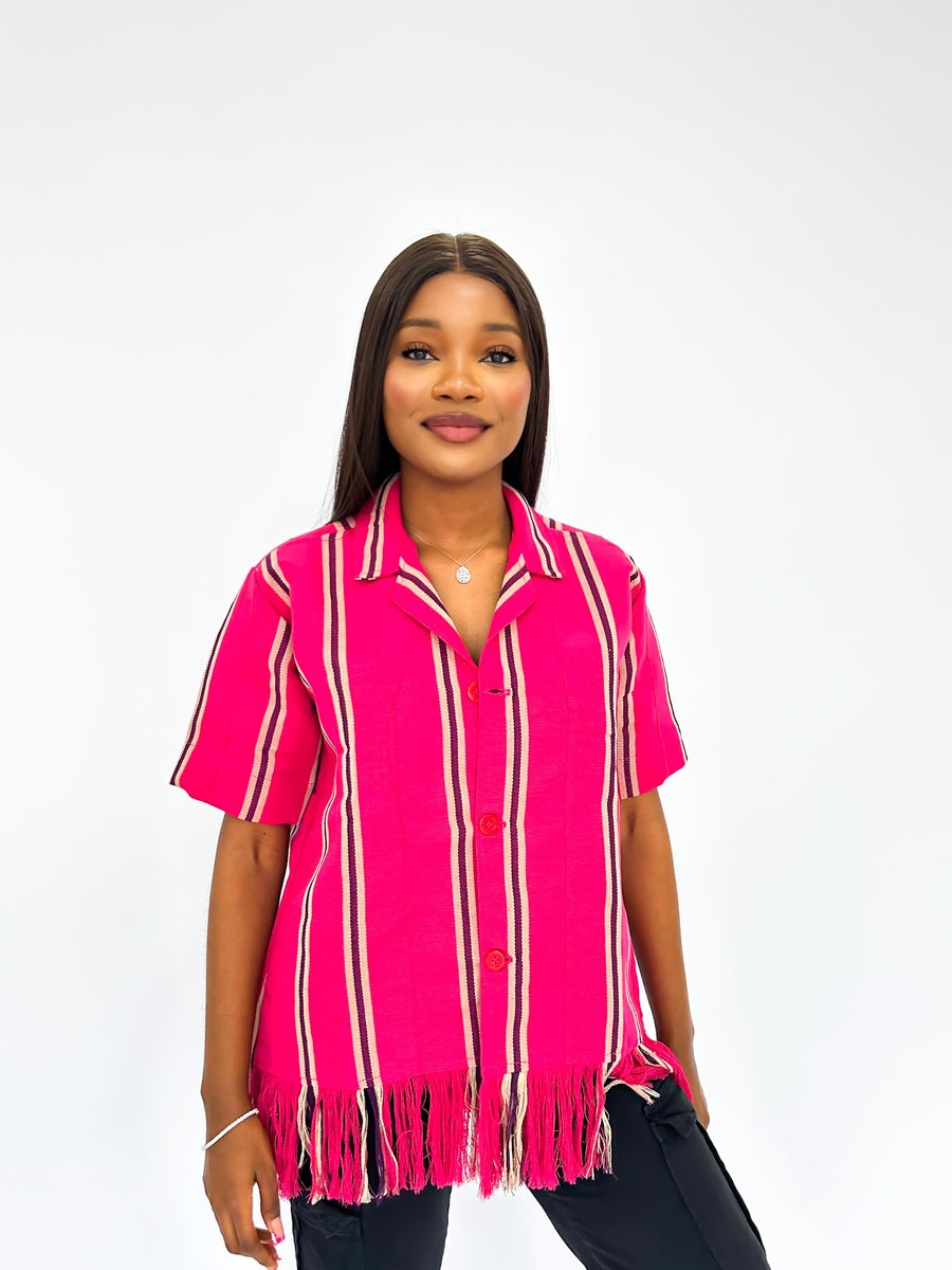 Fushia Pink Aso Oke Classic Shirt with Stripes