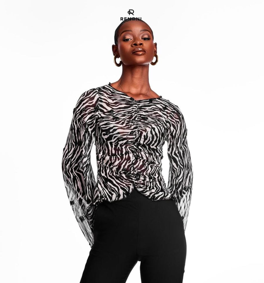 Renoni Jackie Blouse in White & Black Print