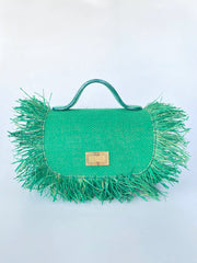 Green Mira Jute Print with Raffia Flap Handbag