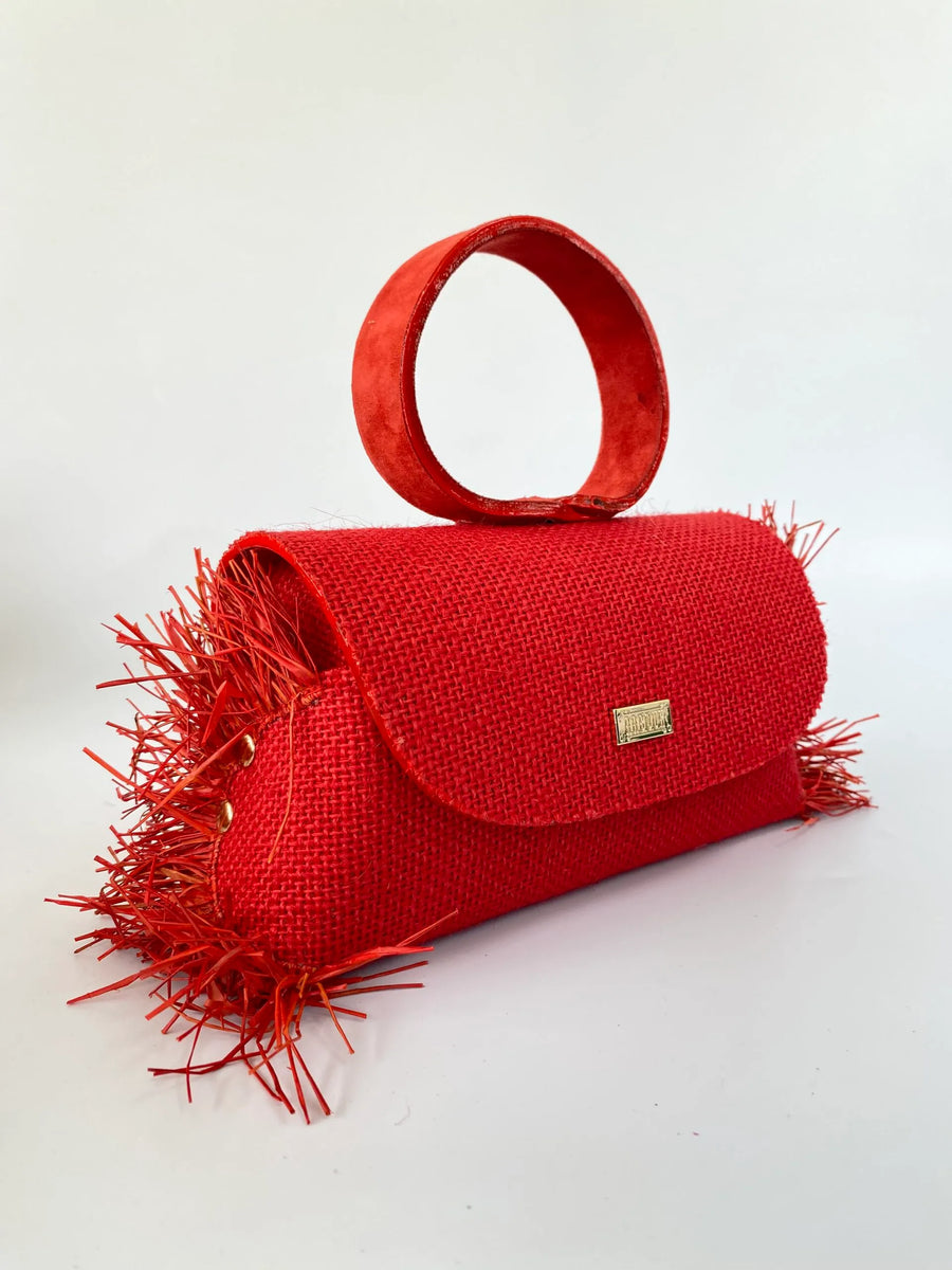 Red Hana Jute Print with Raffia Side Handbag