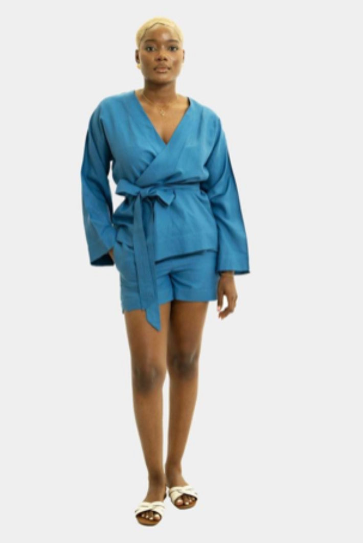 Lily Blue Linen Wrap Short Set