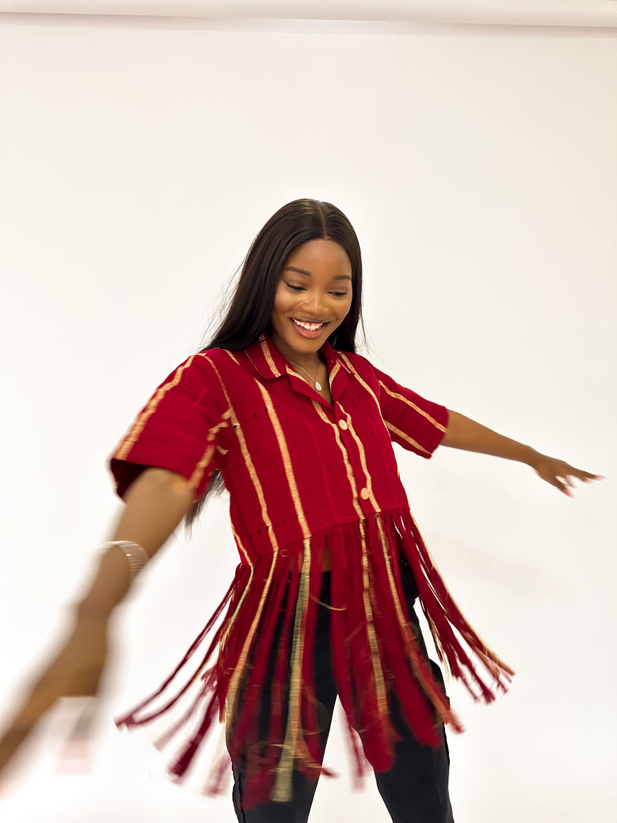 Alari Red Aso Oke Crop Top With Beige Stripes