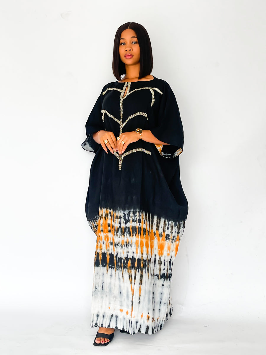 Nabilah Black and Champagne Gold Tunic with Gold Beaded Neckline